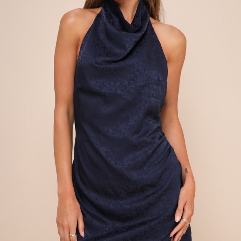 Lulus Simply A Stunner Navy Jacquard Cowl Backless Mini Dress Blue - Size M
